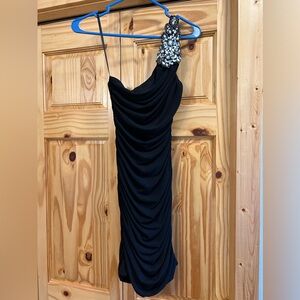 Black one shoulder dress with rhinestone detail